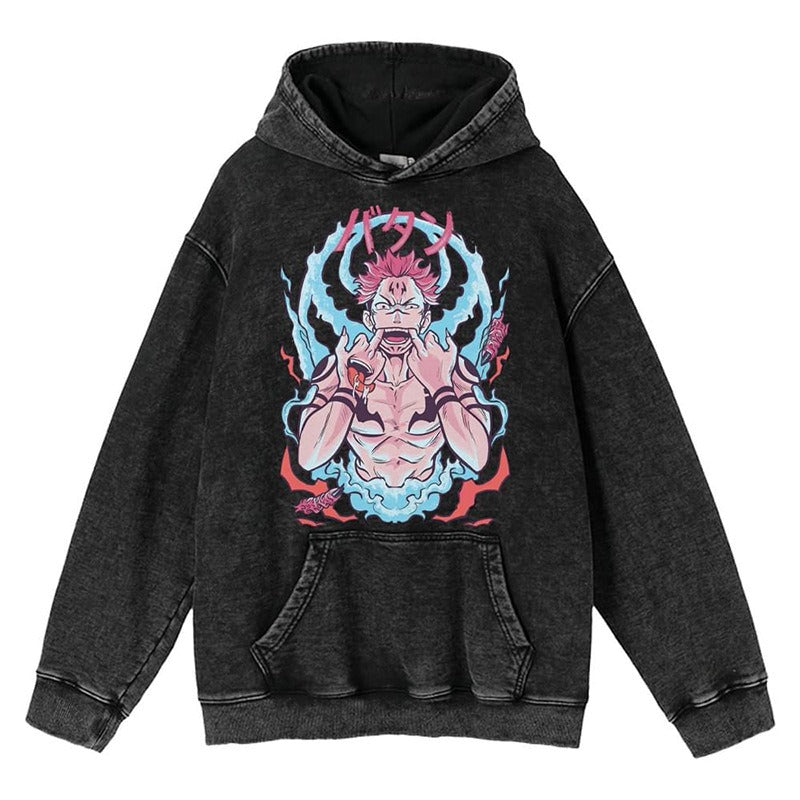 New washed retro hoodie spell battle anime peripheral printed hoodie for men