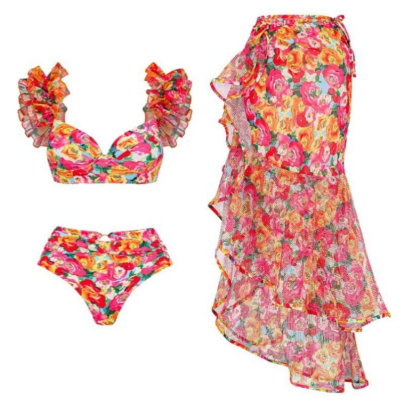 Gathering Bikini High Waist Bikini Split Swimsuit Set Chiffon Long Skirt