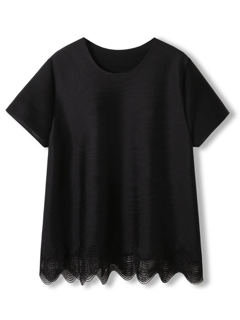 Solid color pleated irregular lace edge top for women