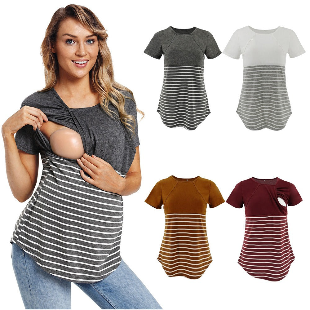 European and American fashion round neck short sleeved breastfeeding T-shirt with striped patchwork parent-child maternity wear