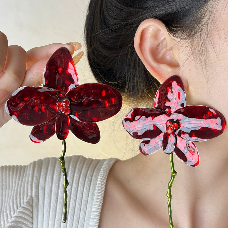 Enamel Drop Glaze Metal Large Flower Earrings with Advanced Fashion Earrings