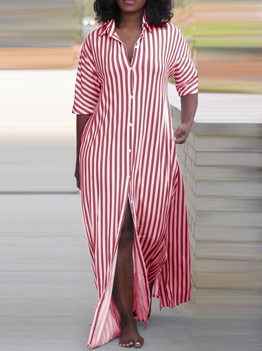 Summer fashion loose V-neck long striped shirt dress for women