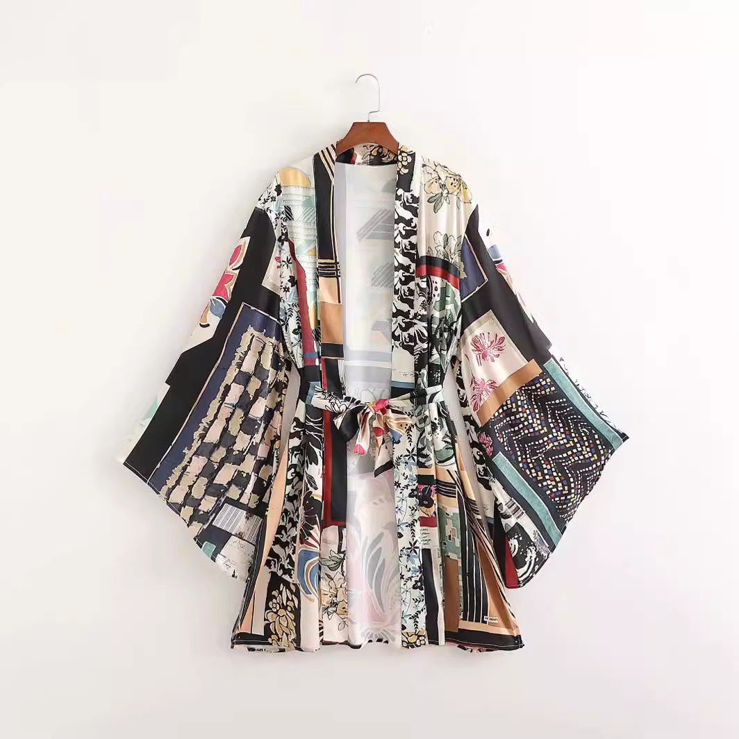 Spring/Summer New Women's Slimming Printed Kimono Style Outerwear Straight leg Pants Set