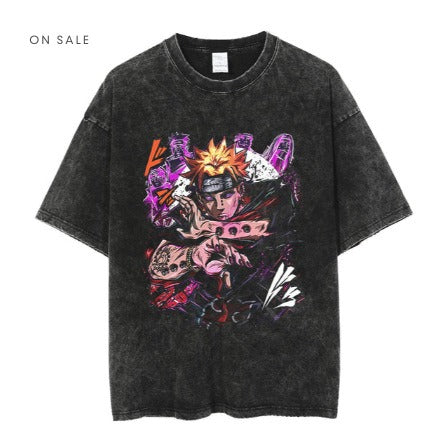 Anime cartoon wash and distressed short T