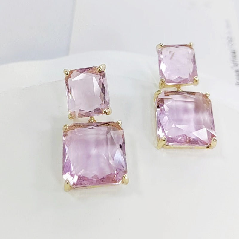 Fashionable geometric square transparent crystal earrings, elegant purple long earrings for women