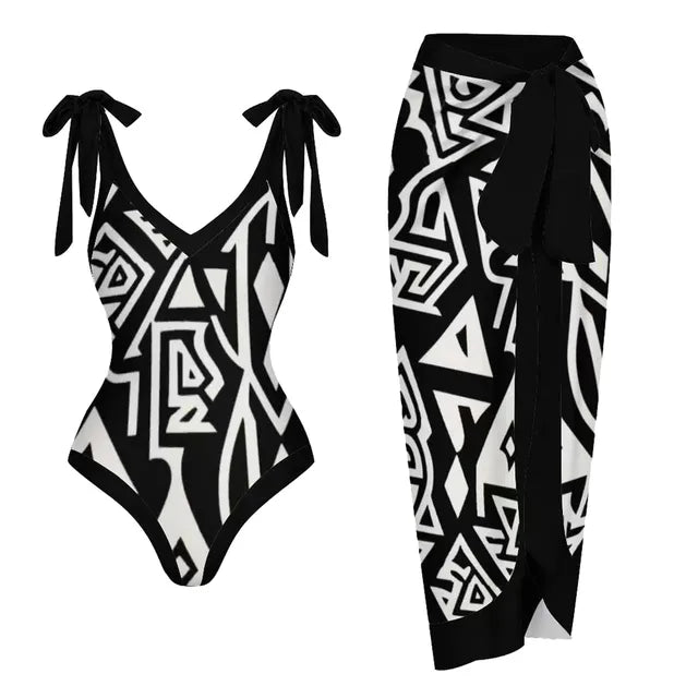 V-neck one-piece swimsuit women's bikini wrap skirt set beach skirt with drawstring exposed