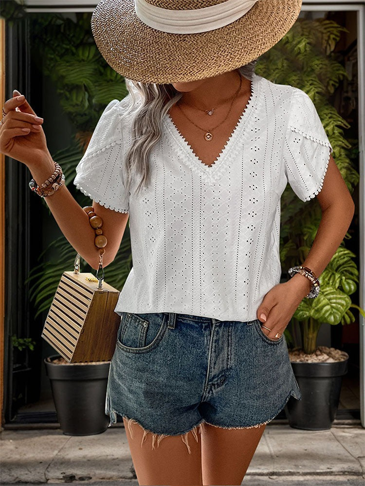 New European and American Summer Women's Clothing Texture V-neck White Shirt for Women