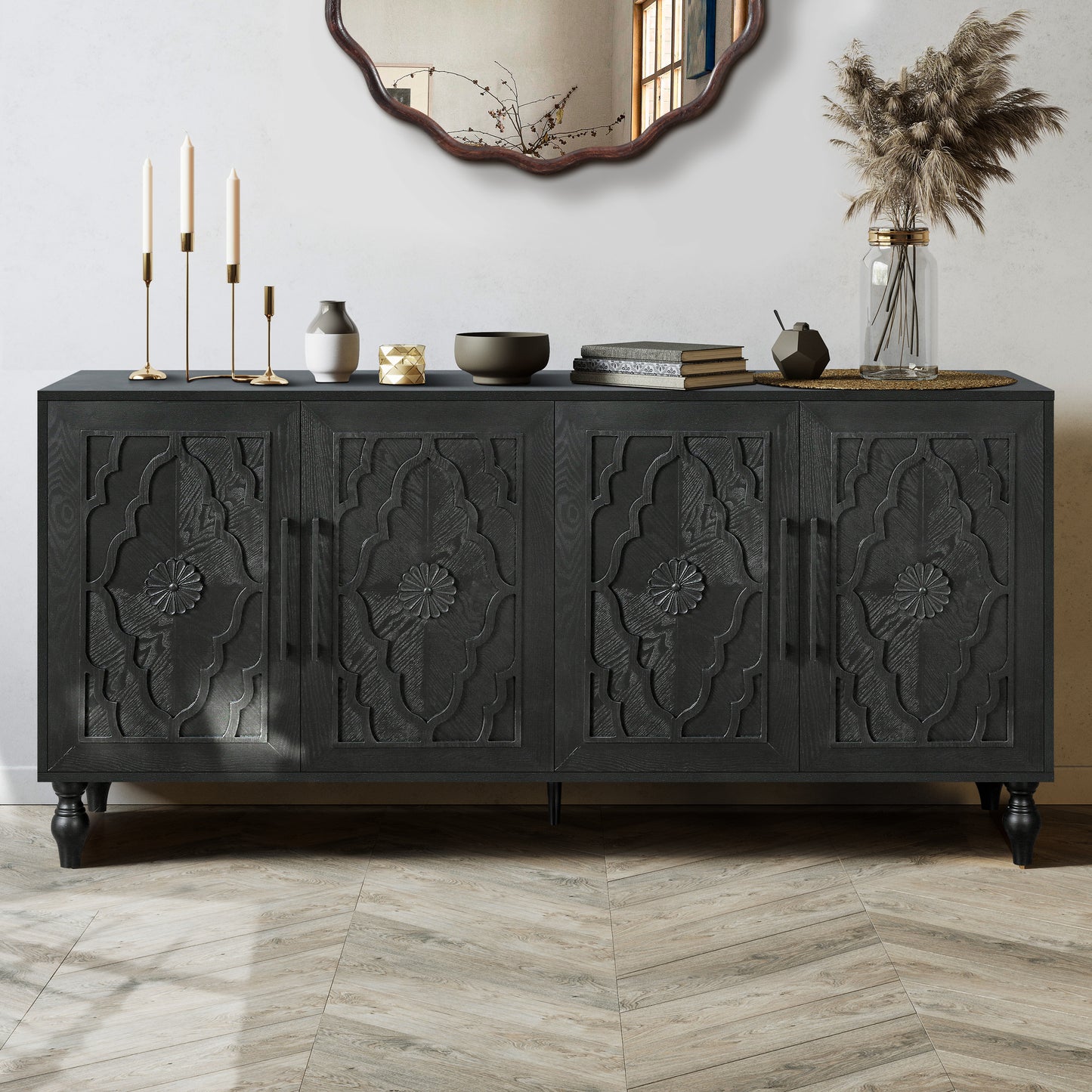 Carved Flower Door Large Storage Cabinet With Metal Handle Suitable For Living Room, Kitchen, Entryway(BLACK)