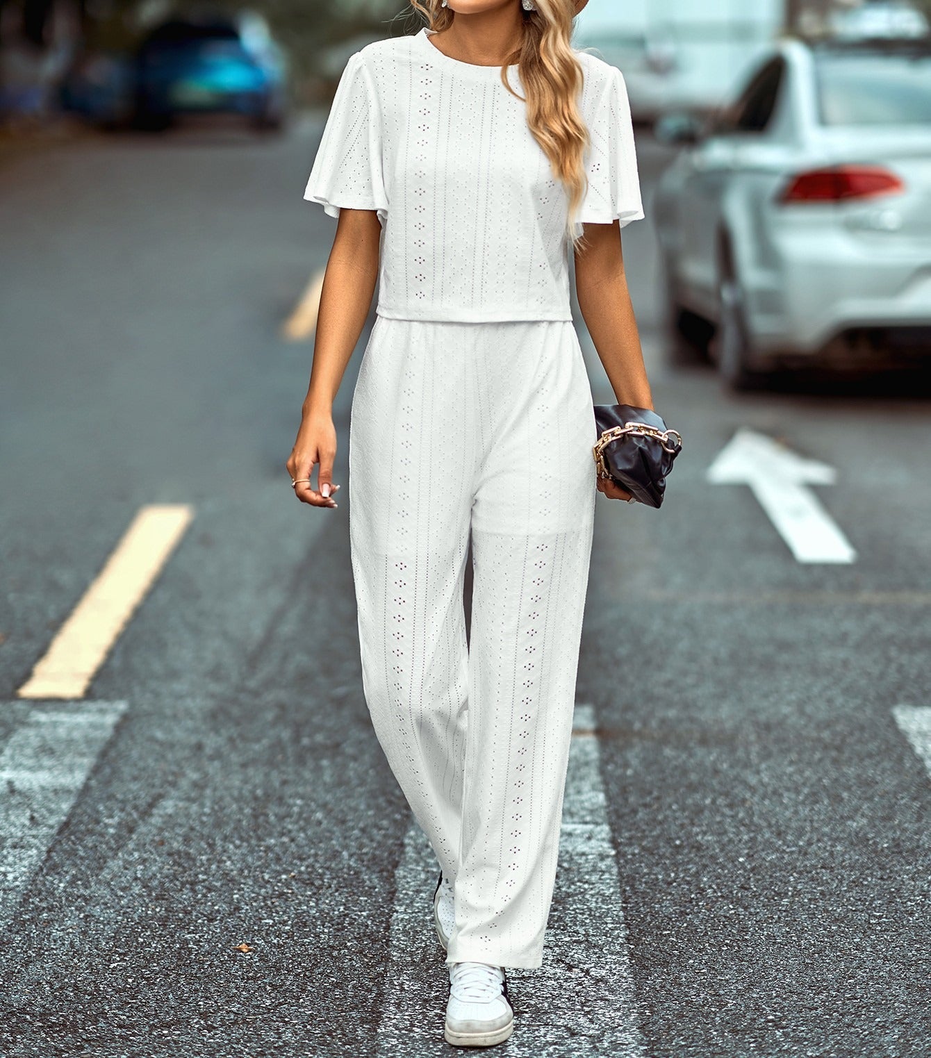 Summer knitted trousers for women solid color round neck short sleeves long trousers lotus leaf sleeves casual two piece suit