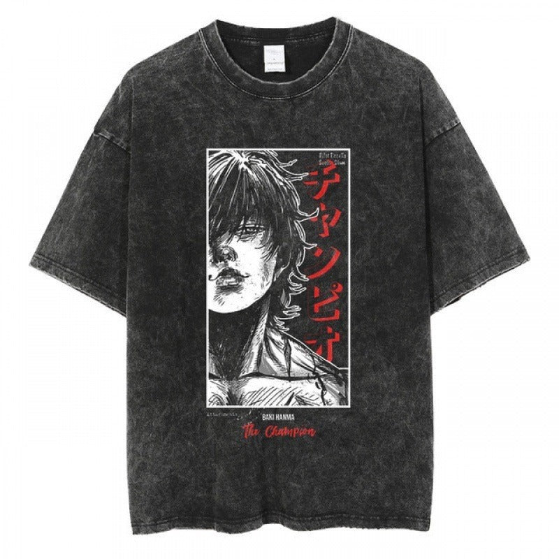 Anime cartoon wash and distressed short T