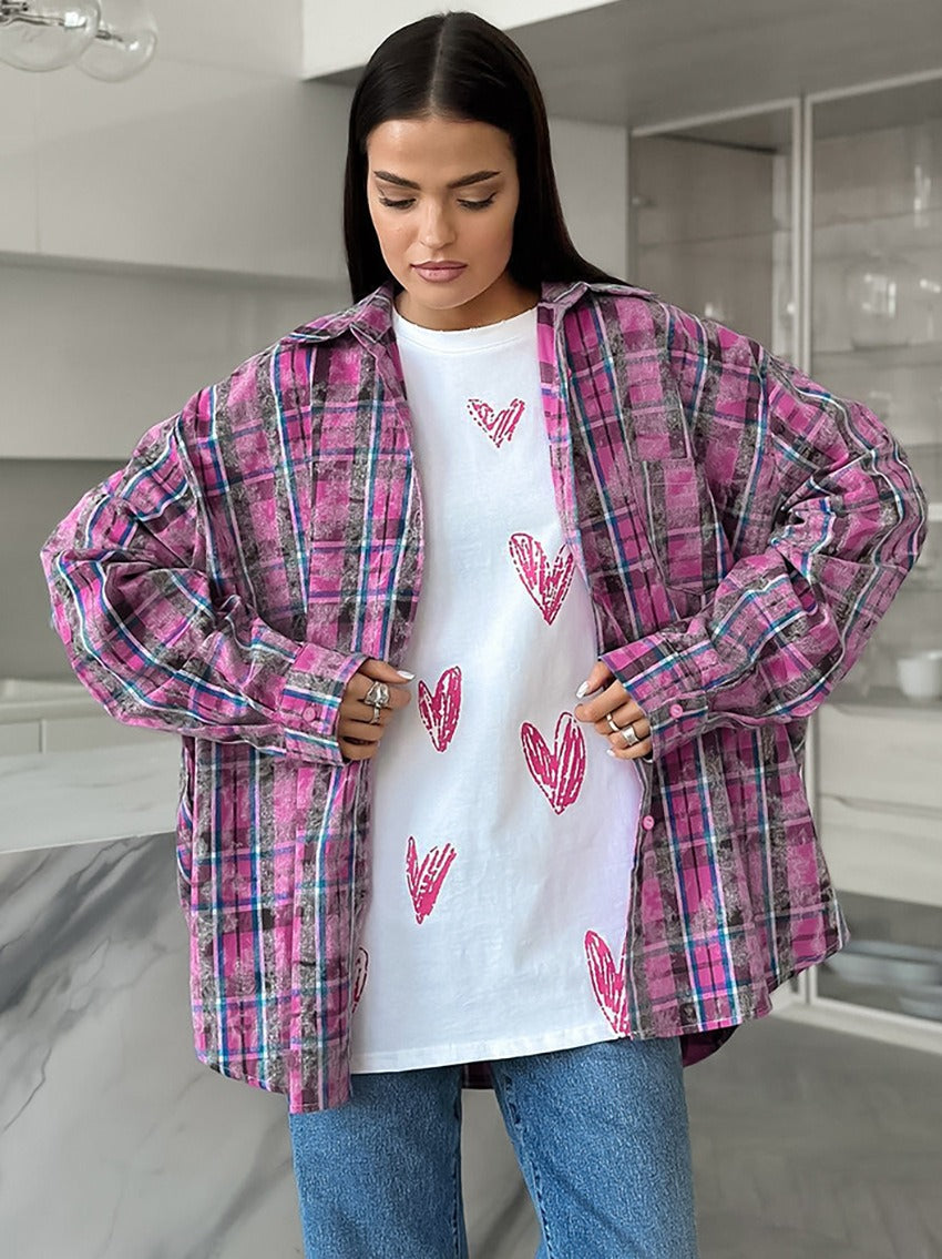 Personalized versatile pure cotton plaid shirt long sleeved loose fitting women's clothing