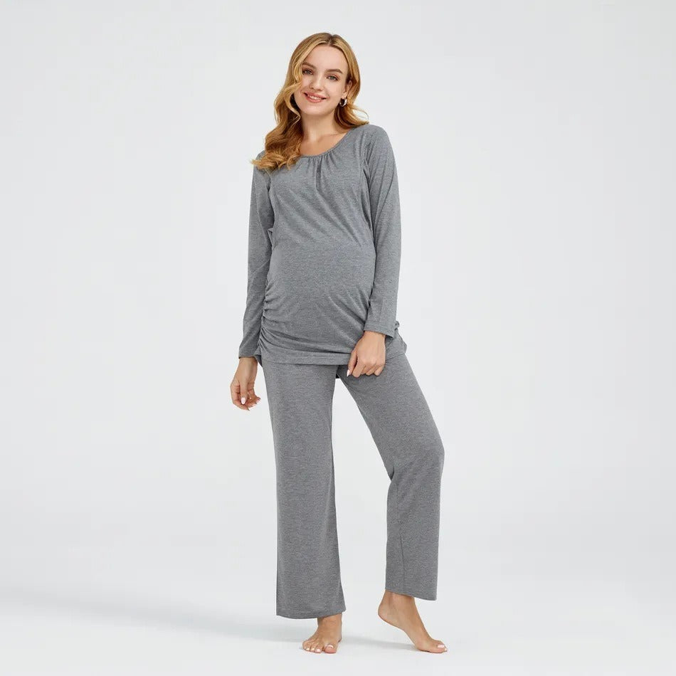 New European and American solid color round neck long sleeved pants lactating maternity suit