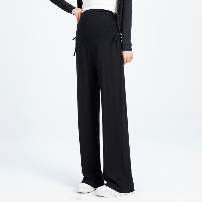 Pregnant women's pants in spring and summer, small stature, wide leg pants for pregnancy, wearing drawstring straight leg pants outside, spring and summer