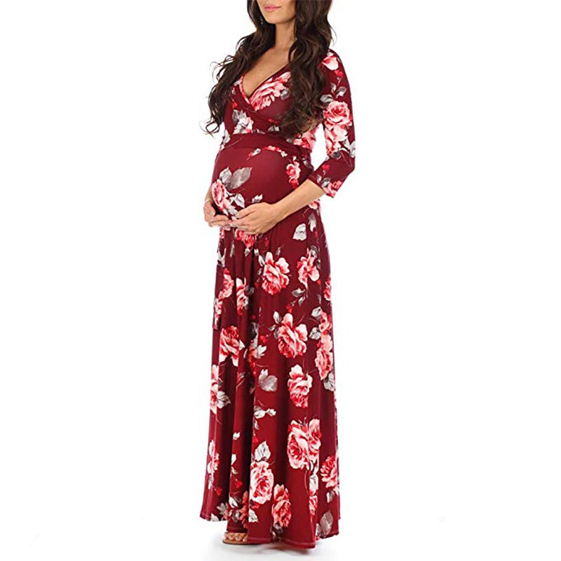 Cross deep V-neck waistband, waist cinched, 3/4 sleeves, floor mopping maternity dress, long dress