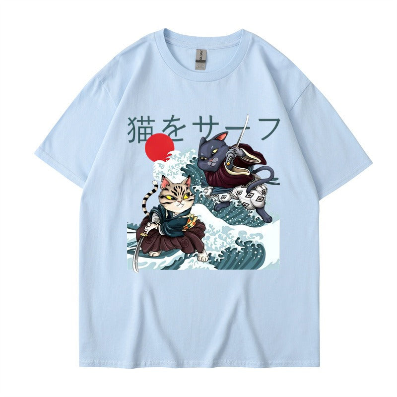 Summer Samurai Cat Print Large Loose Fashion Short sleeved T-shirt Trendy Brand