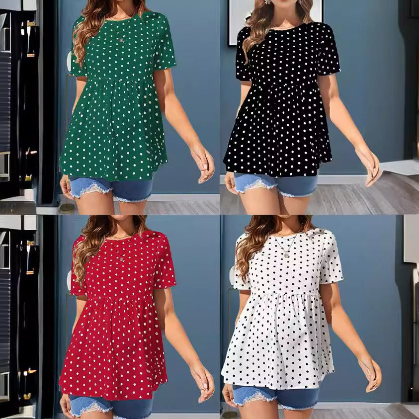 Fashionable and comfortable polka dot short sleeved round neck maternity shirt