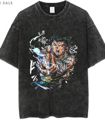 Anime cartoon wash distressed  t-shirt high street dark man