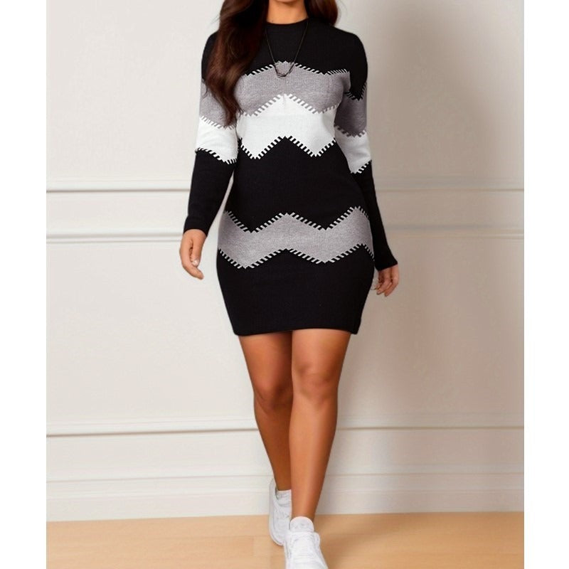 Mid length short skirt round neck long sleeved printed knitted buttock wrap dress