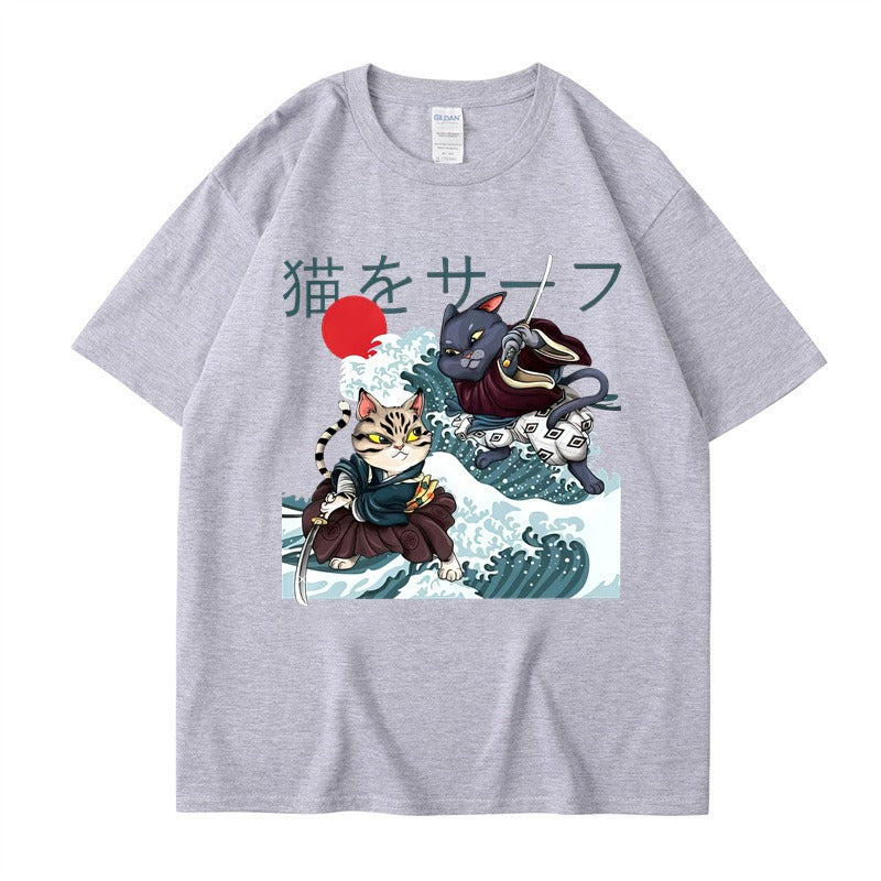 Summer Samurai Cat Print Large Loose Fashion Short sleeved T-shirt Trendy Brand