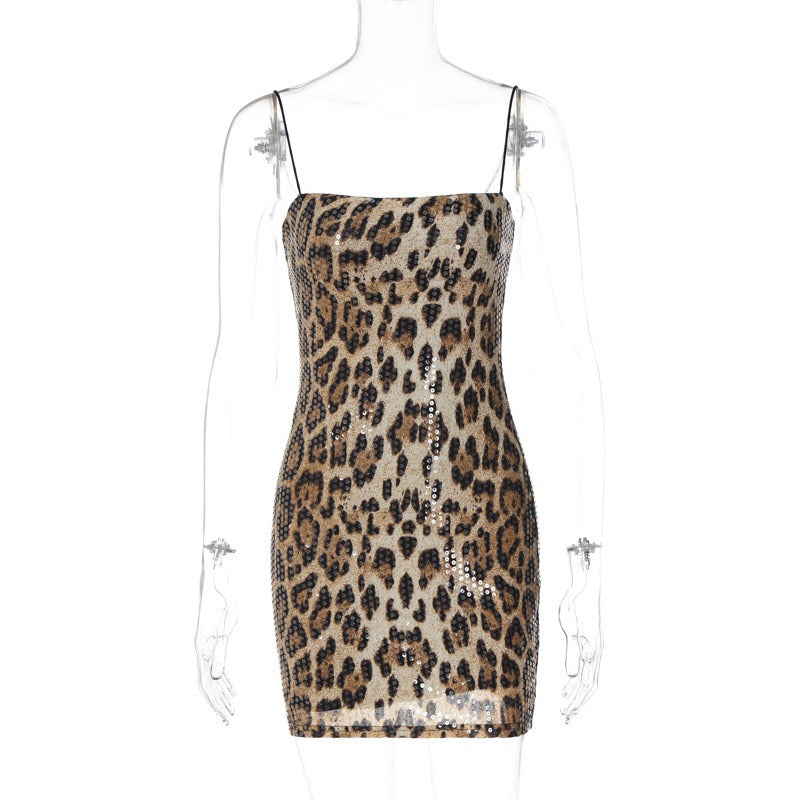 Fashionable leopard print street style nightclub versatile suspender beaded dress for women