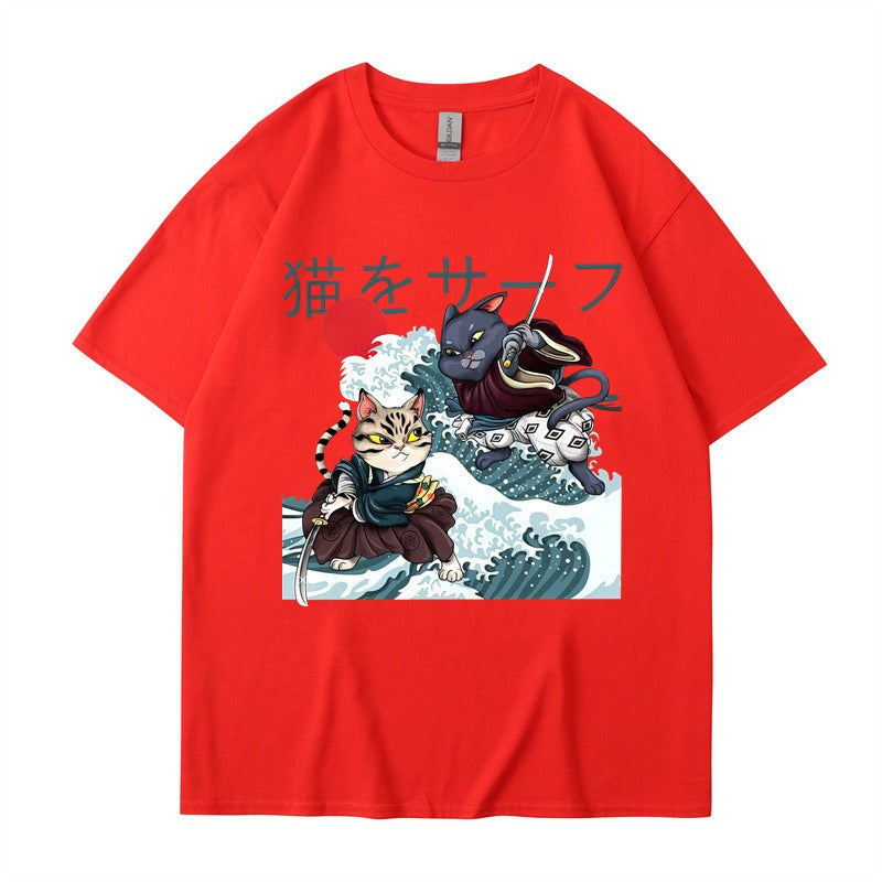 Summer Samurai Cat Print Large Loose Fashion Short sleeved T-shirt Trendy Brand