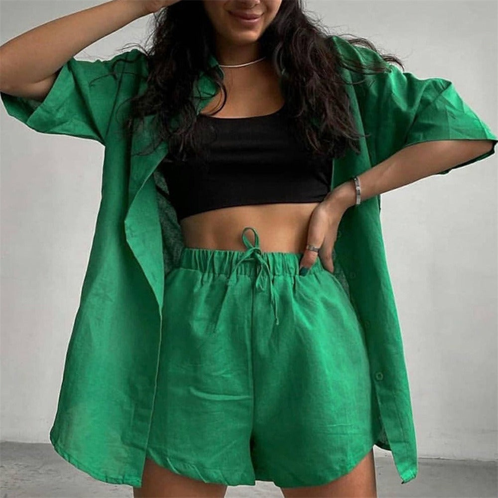 Women's Cotton Single-Breasted Short-Sleeved Shirt Shorts Loose Fashion Casual Suit