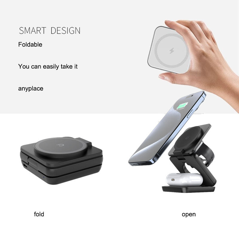 Three in one wireless charger with foldable magnetic suction suitable for iPhone wireless charging, phone holder desktop