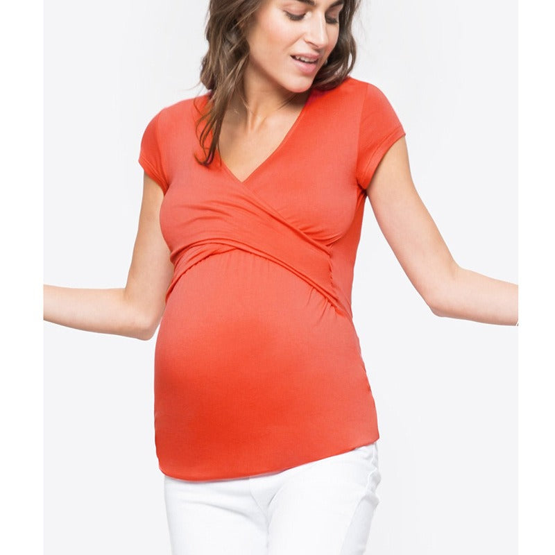 European and American summer short sleeved pregnant women's clothing with deep V-neck solid color cross feeding suit nursing clo