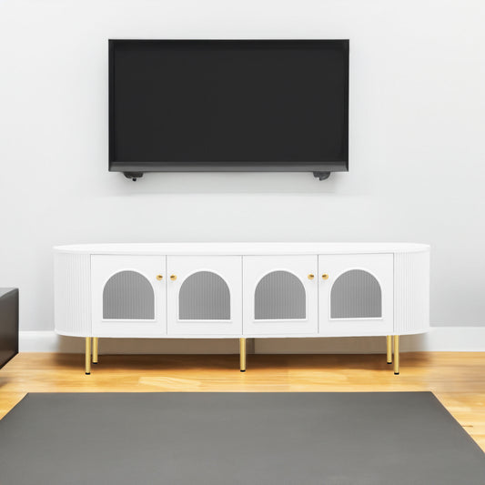 U-Can Modern TV Stand for TVs up to 80 Inches, Entertainment Center with 4 Cabinets, Wood with Metal Legs and Handles White