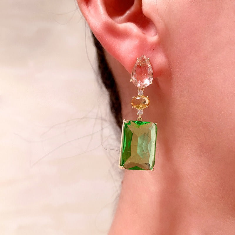 Pink Droplet Geometric Square Earrings Light Luxury Contrast Color Transparent Zircon Candy Color Fashion