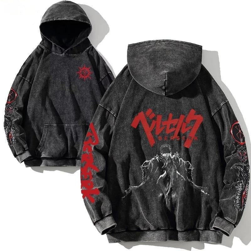 New washed retro hoodie spell battle anime peripheral printed hoodie for men