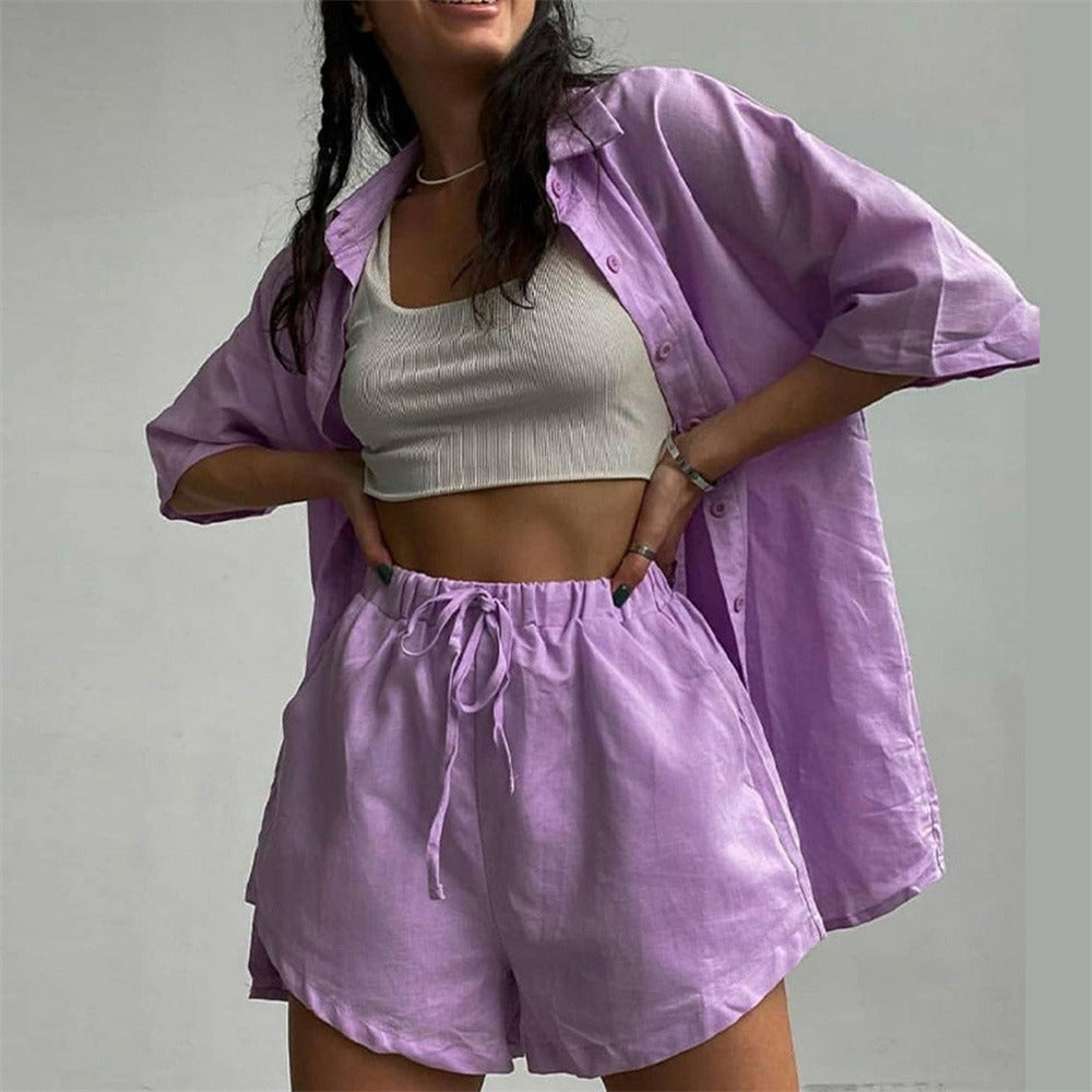 Women's Cotton Single-Breasted Short-Sleeved Shirt Shorts Loose Fashion Casual Suit