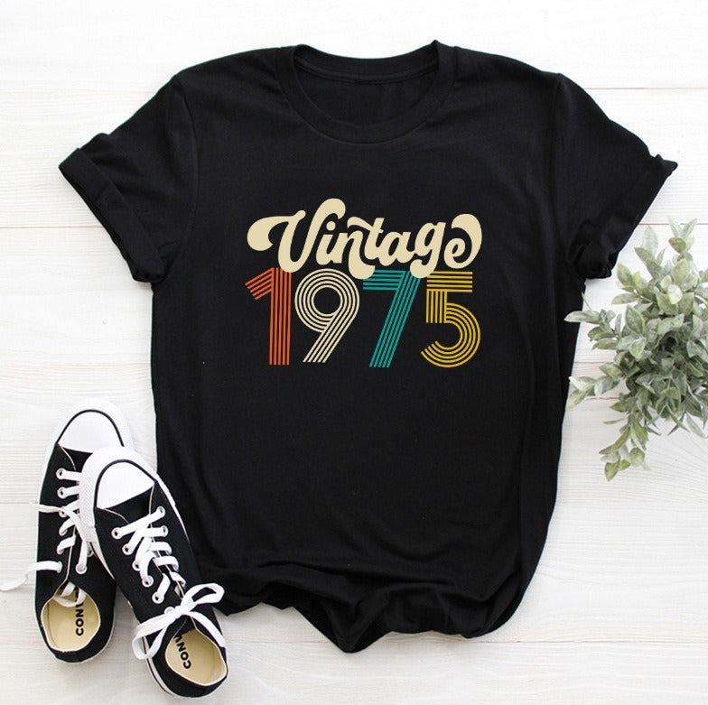 Top age number 1975 letter printed casual short sleeved pure cotton T-shirt