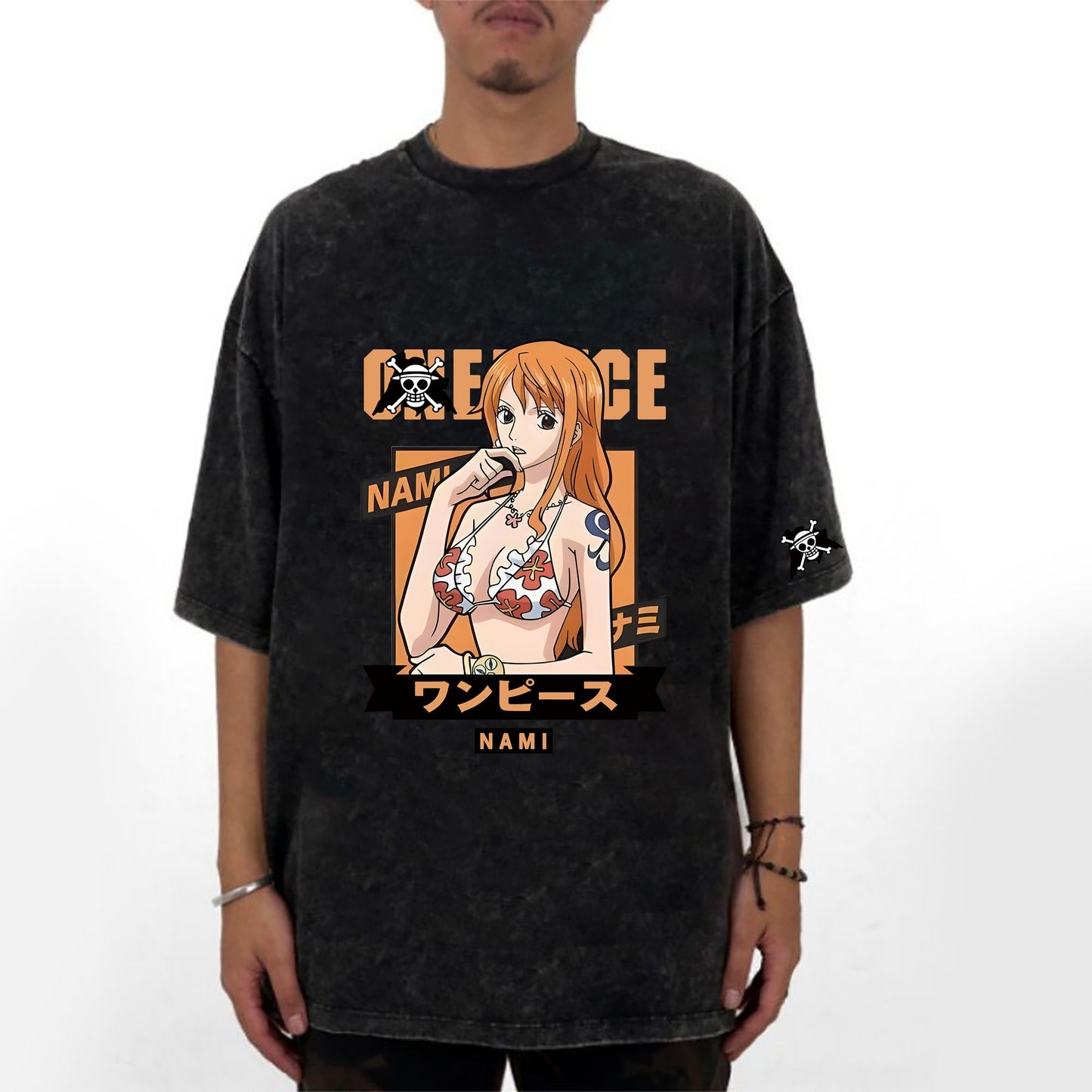 Washed old short sleeved T-shirt Japanese anime pirate Wang Nami short sleeved T-shirt for men