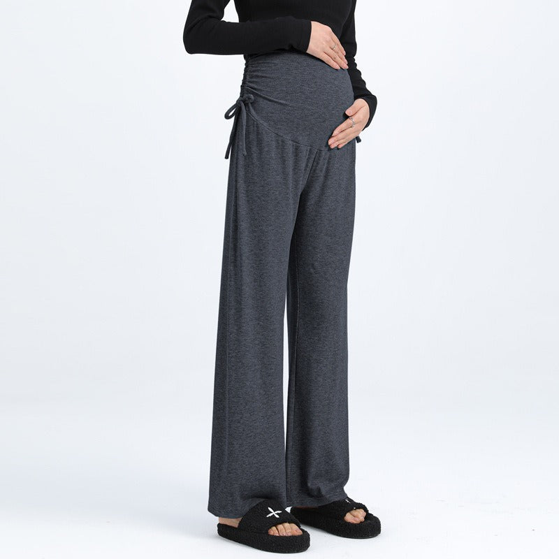 Pregnant women's pants in spring and summer, small stature, wide leg pants for pregnancy, wearing drawstring straight leg pants outside, spring and summer