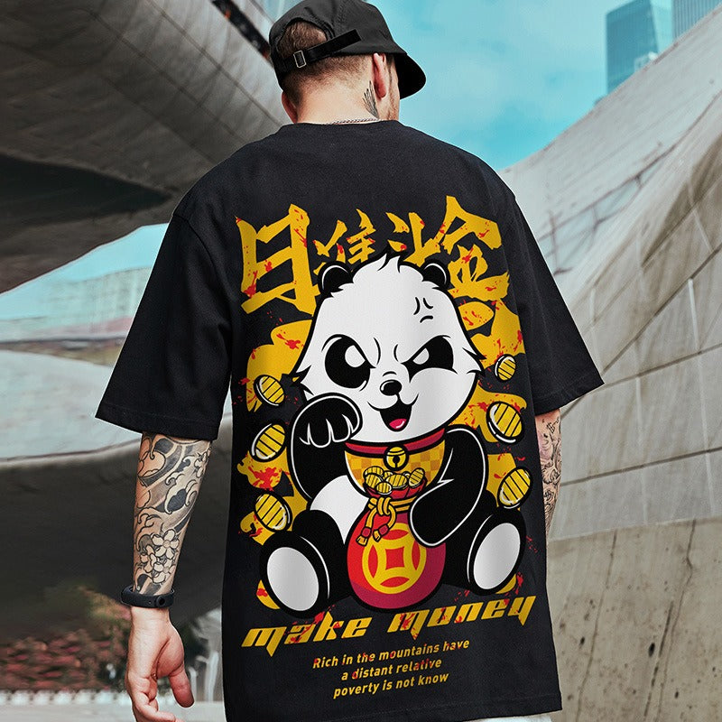 Panda Fatty Short sleeved T-shirt for Men's Loose Fashion Couple Set with Half Sleeves