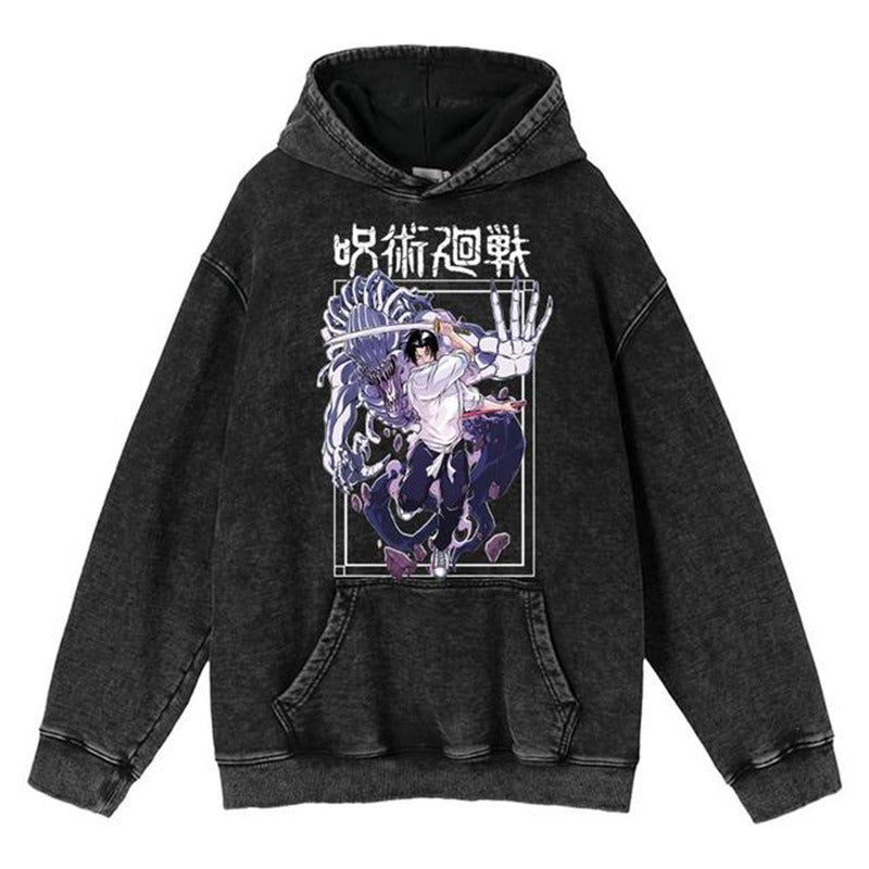 New washed retro hoodie spell battle anime peripheral printed hoodie for men