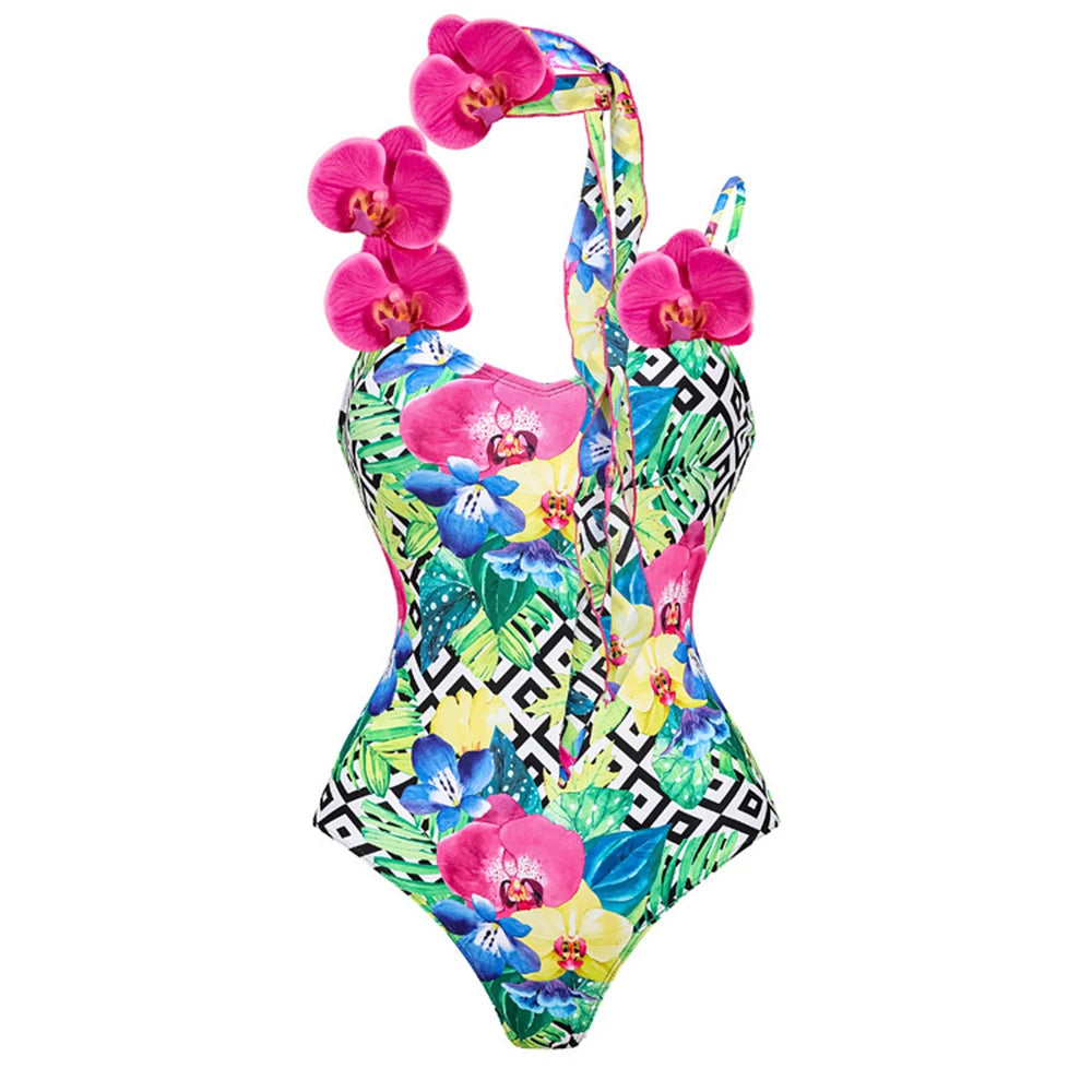 Simulated flower one piece swimsuit set for beach vacation