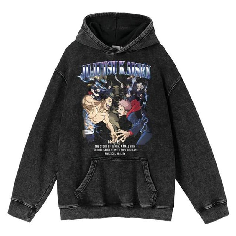 New washed retro hoodie spell battle anime peripheral printed hoodie for men