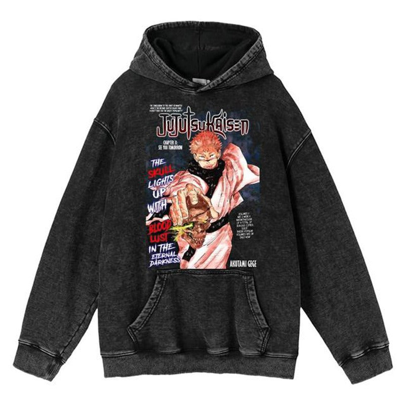 New washed retro hoodie spell battle anime peripheral printed hoodie for men