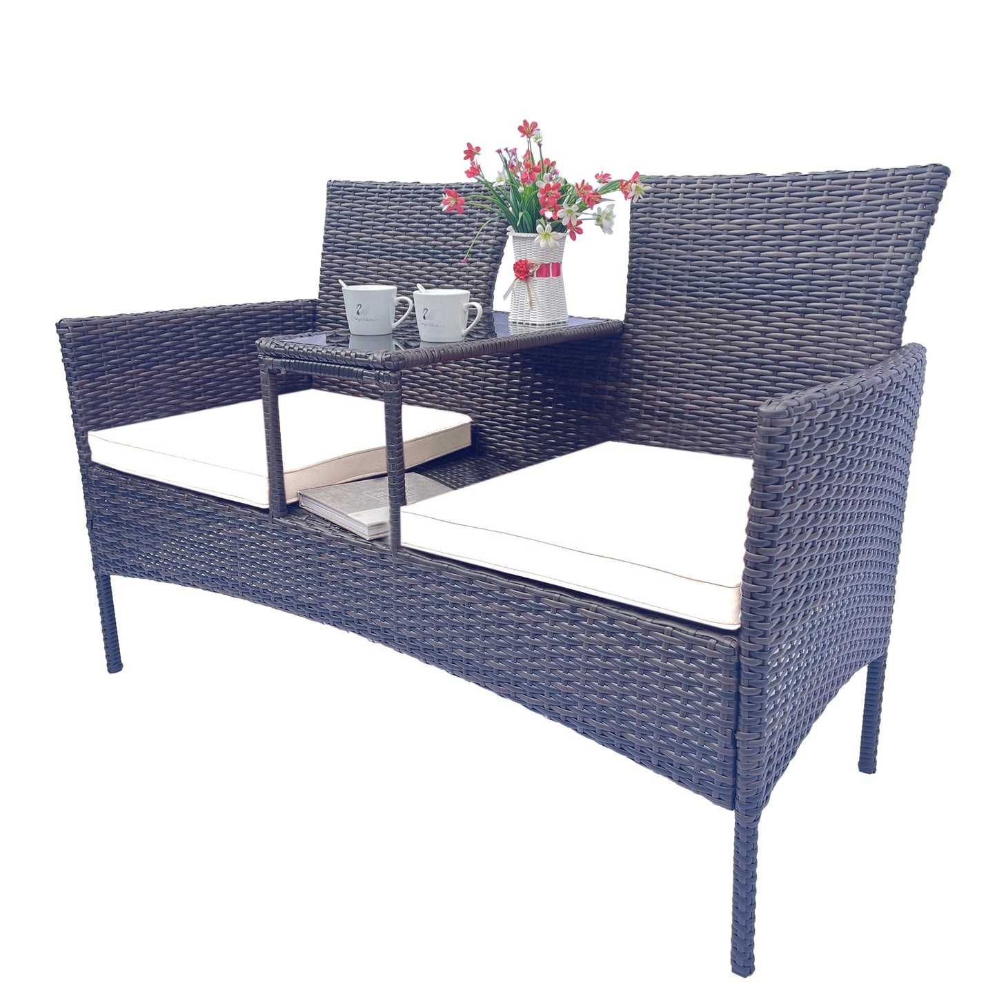 Wicker Patio Conversation Furniture Set Outdoor Furniture Set with Removable Cushions & Table