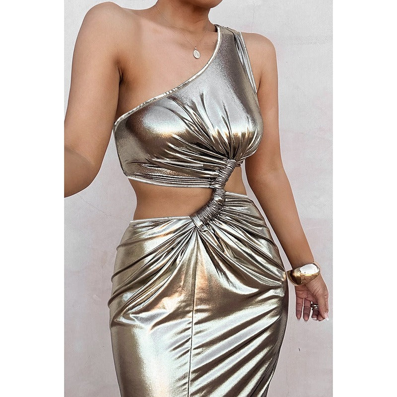 Sexy Diagonal Shoulder Open Waist Hollow Imitation Metal Coating Dress for Women