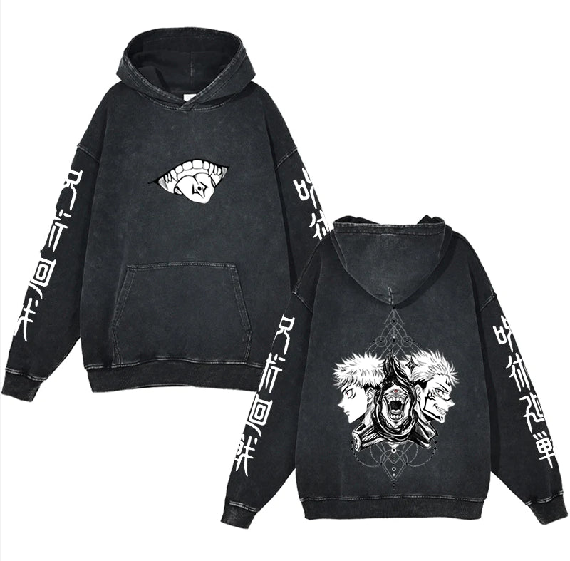 New washed retro hoodie spell battle anime peripheral printed hoodie for men