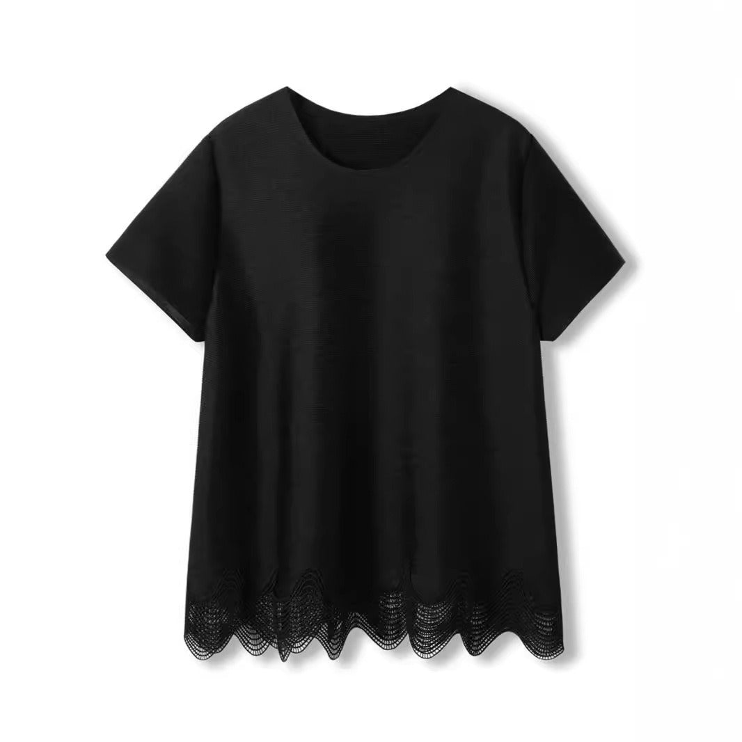 Solid color pleated irregular lace edge top for women