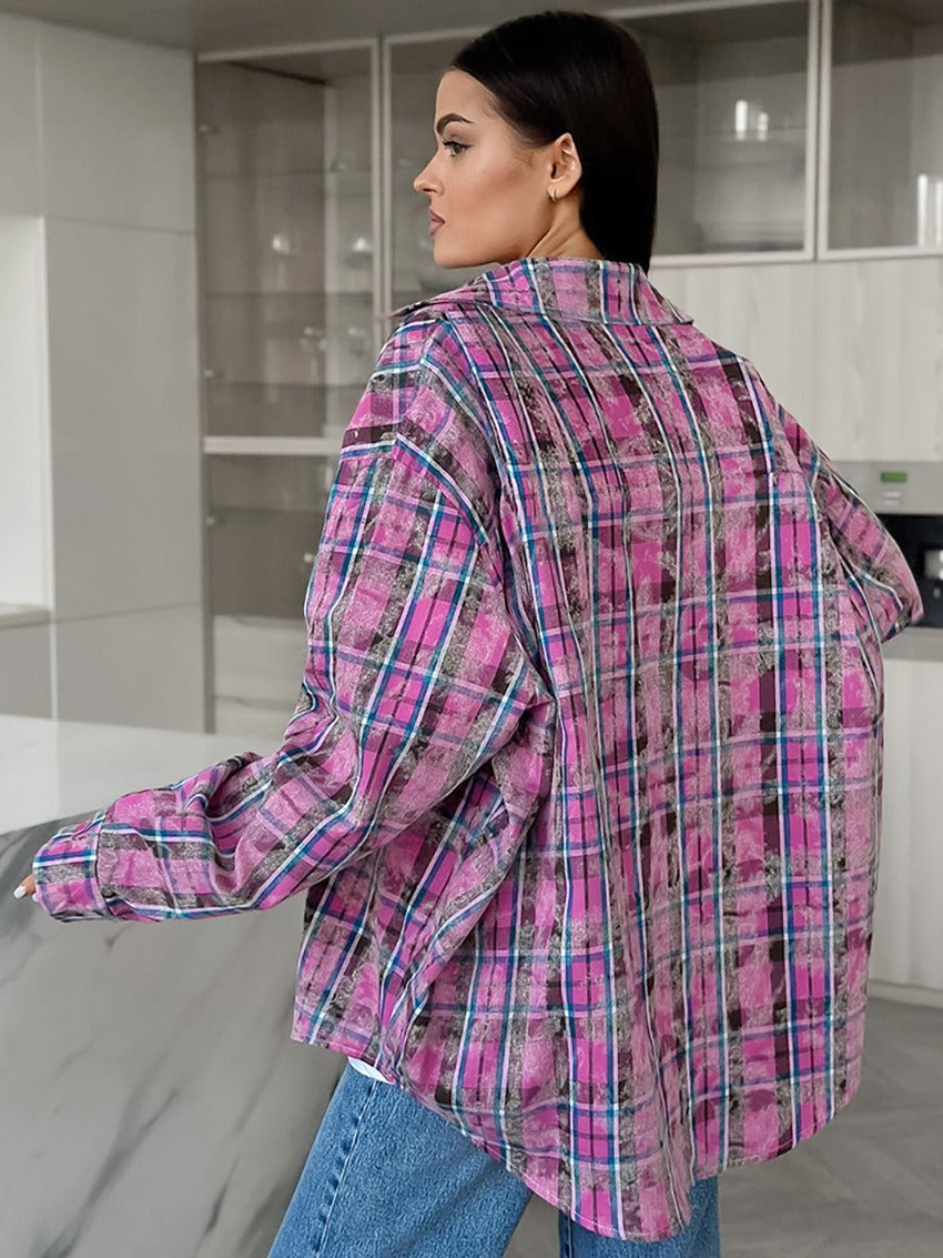 Personalized versatile pure cotton plaid shirt long sleeved loose fitting women's clothing