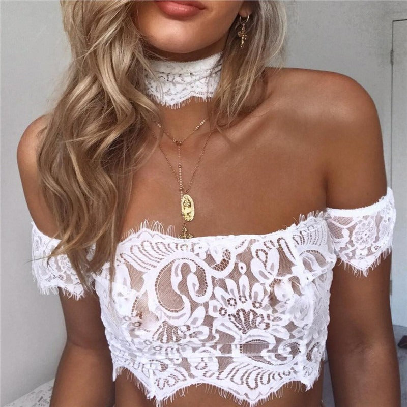 Lace Sexy Perspective Bra Summer Women's New Off Shoulder, Off Shoulder, Navel Exposed Short Sleeve Lace