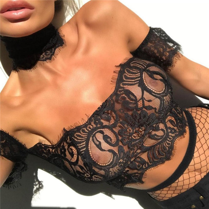 Lace Sexy Perspective Bra Summer Women's New Off Shoulder, Off Shoulder, Navel Exposed Short Sleeve Lace