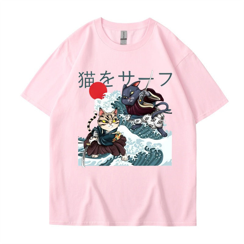 Summer Samurai Cat Print Large Loose Fashion Short sleeved T-shirt Trendy Brand