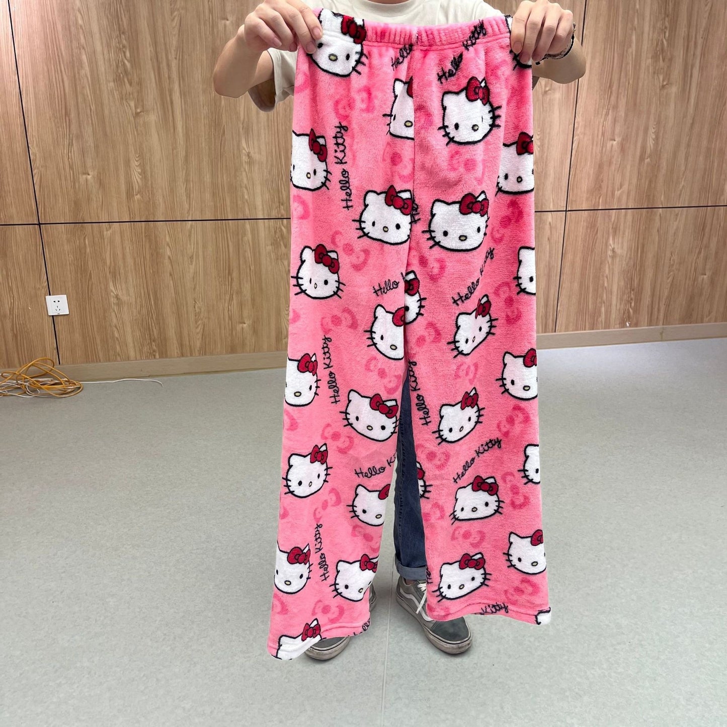 Cartoon KT cat sleepwear thick flannel women's plush warm casual home pants