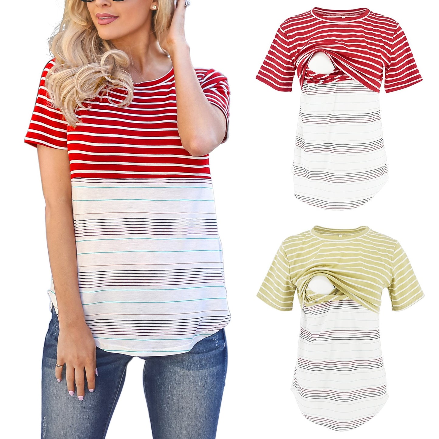 Striped patchwork T-shirt for pregnant women's cross over invisible breastfeeding underwear